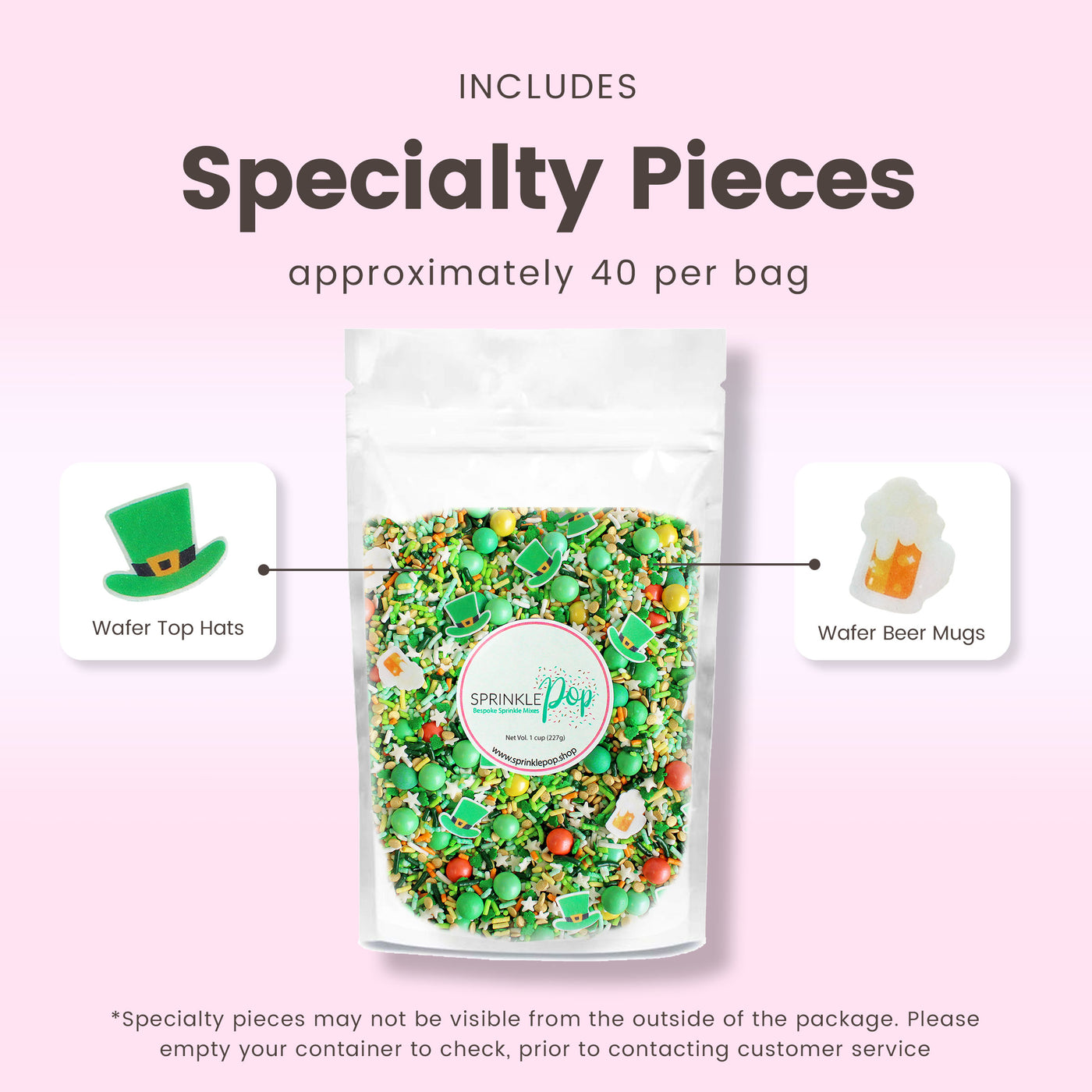 "Shenanigans Sprinkle Mix for St. Patrick's Day - vibrant green sprinkles with yellow and orange accents, featuring wafer paper beer mugs and leprechaun hats."