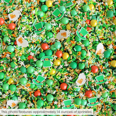 "Shenanigans Sprinkle Mix for St. Patrick's Day - vibrant green sprinkles with yellow and orange accents, featuring wafer paper beer mugs and leprechaun hats."