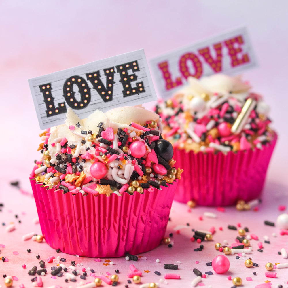 Pink and Black Marquee Edible Cupcake Toppers