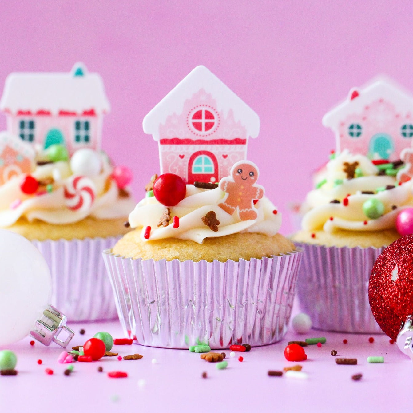 Pink Gingerbread Houses Edible Cupcake Toppers